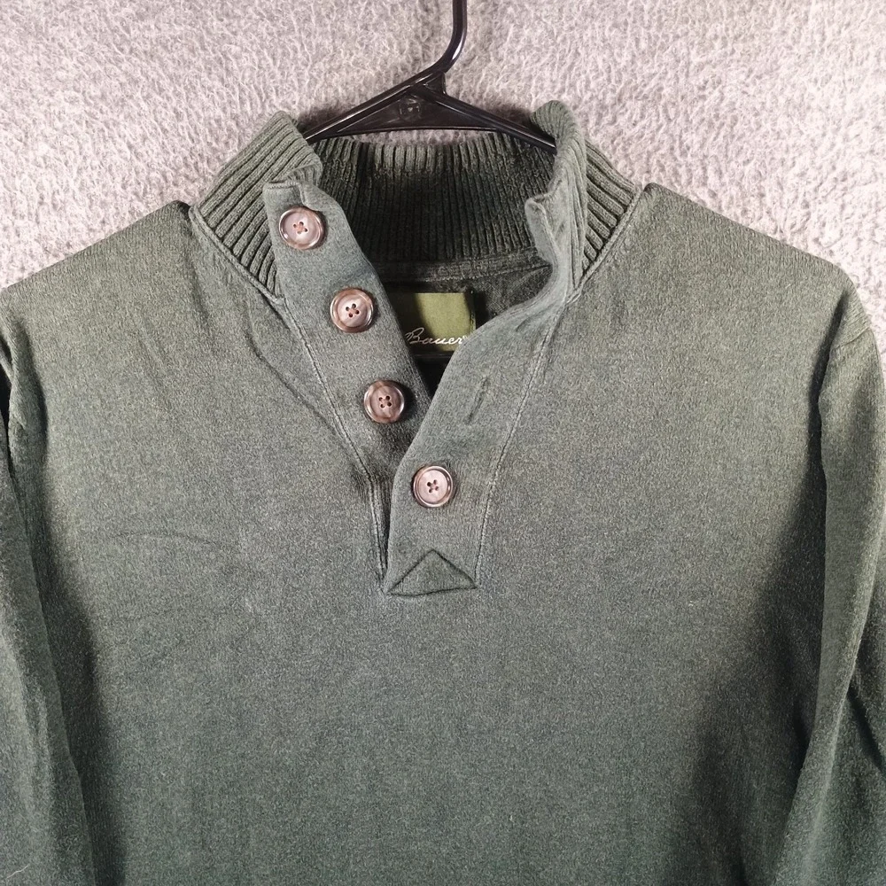 Eddie Bauer Men S 1/4 Button Henley Fisherman Knit Sweater Green Cotton Cashmere